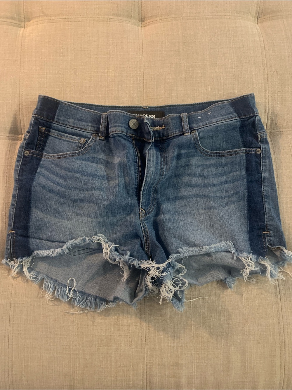 Express jean shorts- Blue Denim Frayed Hem Shorts